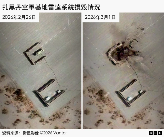 扎黑丹（Zahedan）空軍基地遭襲擊後的畫面