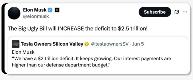 Postagem de Elon Musk no X às 13h44