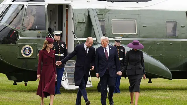 Catherine, Princess of Wales and William, Prince of Wales receive US President Donald Trump and First Lady Melania Trump for Windsor Castle on September 17, 2025 in Windsor, England. Marine One dey di back
