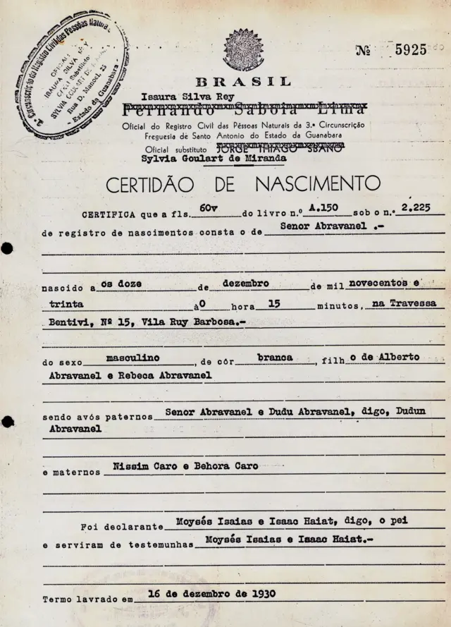 A certidão de nascimento do carioca Senor Abravanel, nascido em 1930 e não 1935, como se acreditou até o fim dos anos 1980