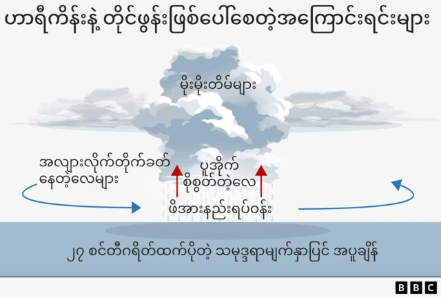 ဟာရီကိန်းနဲ့ တိုင်ဖွန်းဖြစ်ပေါ်လာစေတဲ့သဘာဝဖြစ်စဥ်ပြသရုပ်ဖော်ပုံ။ အလျားလိုက် တိုက်ခတ်နေတဲ့လေတွေ လေဖိအားနည်းရပ်ဝန်းမှာ ပူအိုက်စိုစွတ်တဲ့လေလအဖြစ် ကောင်းကင်ကို အငွေ့ပျံတက်ပြီး မိုးတိမ်တိုက်တွေအဖြစ် စုစည်းကြောင်းပြသတဲ့ သရုပ်ဖော်မြေပုံဖြစ်ပါတယ်။ 