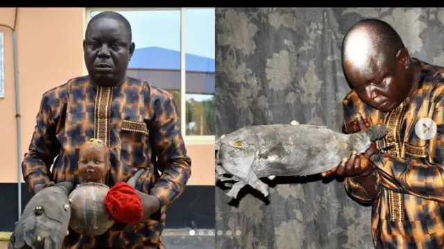 Aworan Abọrẹ to n lu eeyan ni jibiti, o wọ asọ ankara alawọ goolu ati dudu, o gbe sigidi, afọsẹ, ikoko kekere kan ati oku eku nla to ti gbẹ lọwọ.