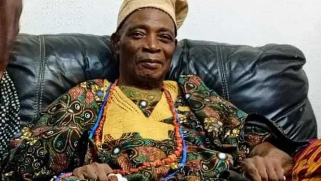 Ọba Rashidi Adewolu Ladoja wọ ankara alawọ ewe, o de fila sanyan, to si fi ilẹke alawọ buluu si ọrun, o joko sori aga dudu kan.