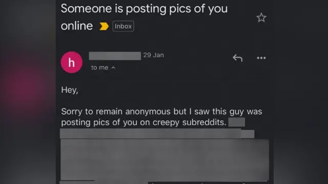 Email screenshot - reads: "Someone is posting pics of you online" 
