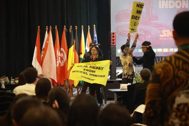Paulina membentangkan spanduk bertuliskan 'save Raja Ampat from nickel mining' di konferensi nikel internasional di Jakarta.