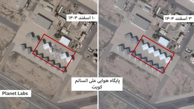 تصاویر ماهواره‌ای قبل و بعد از حمله، آسیب به سه آشیانه هواپیما در ضلع شمالی پایگاه علی السالم را نشان می‌دهد 