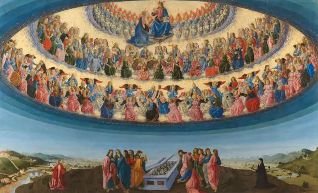 'A Assunção da Virgem', de Francesco Botticini, obra do século 15 mostra três hierarquias e nove ordens de anjos, cada uma com características diferentes. Domínio Público