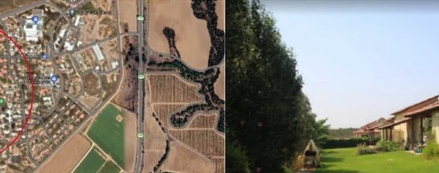 Une image satellite de Be'eri (à gauche), à côté d'une photo prise depuis le sol de maisons et d'un buisson.