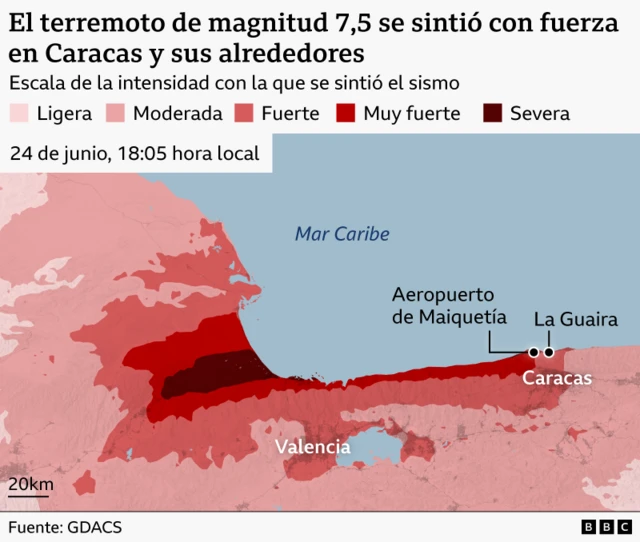 Mapa que muestra la intensidad del terremoto en Caracas y alrededores