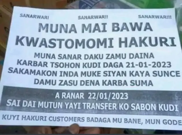 Notice from business with 22 January as deadline for old notes