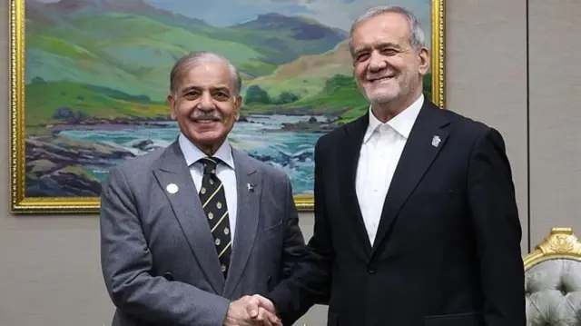 पाकिस्तानचे पंतप्रधान शाहबाज शरीफ इराणचे राष्ट्राध्यक्ष मसूद पेझेश्कियान यांच्यासोबत (फाइल फोटो)