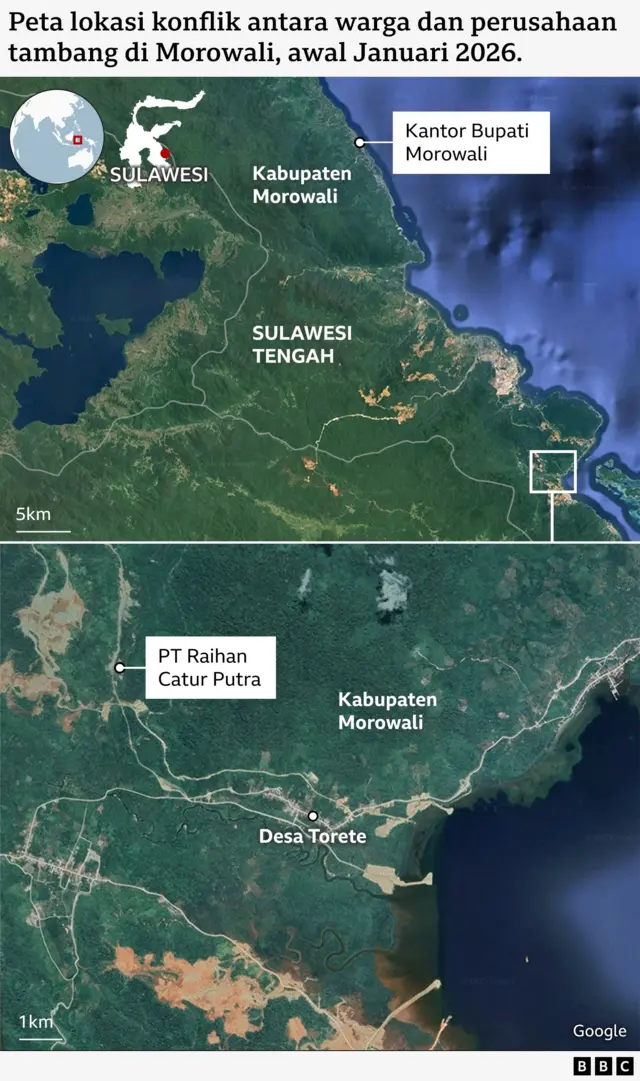 Peta lokasi Desa Torete di Kabupaten Morowali dan lokasi tambang PT Raihan Catur Putra. 