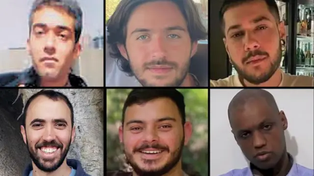 الرهائن الستة المقرر الإفراج عنهم السبت: في الأعلى من اليمين: (إيليا كوهين، عمر شيم طوف، هشام السيد)، في الأسفل من اليمين: (أفرا منغيستو، عمر فانكرت، وتال شاهام)