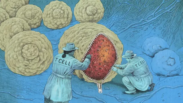 T hücresi kılığında kanser hücrelerini inceleyen polis dedektifi görünümlü insan çizimi. 