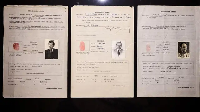 Tres documentos con fotos en blanco y negro que muestran pasaportes.