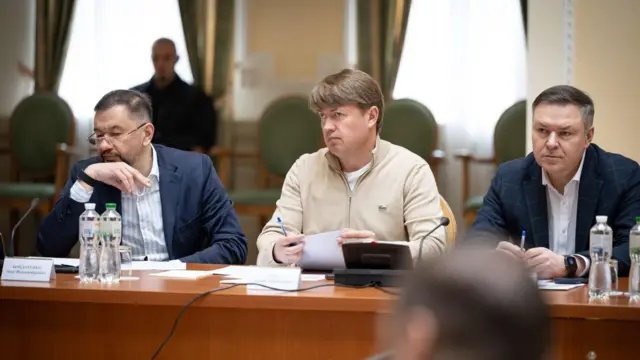 Голова екологічного комітету Олег Бондаренко, голова енергетичного комітету Андрій Герус та голова комітету з питань нацбезпеки оборони і розвідки Олександр Завітневич під час зустрічі із прем'єркою Свириденко