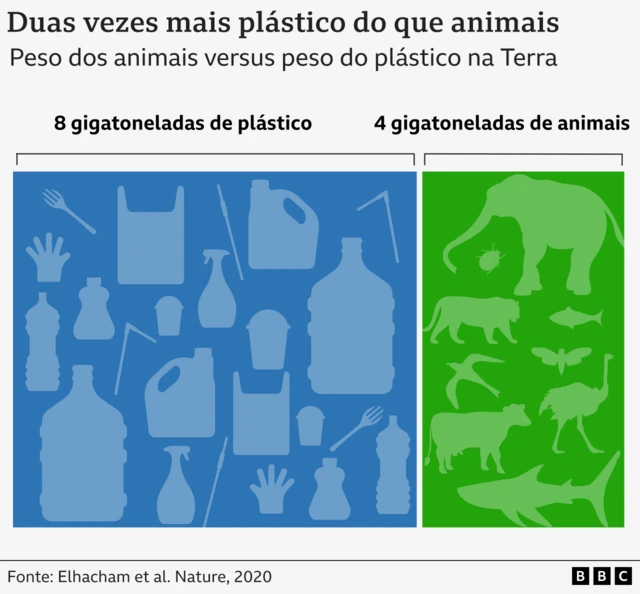 Gráfico mostrando 4 gigatoneladas de animais versus 8 gigatoneladas de plástico no mundo.
