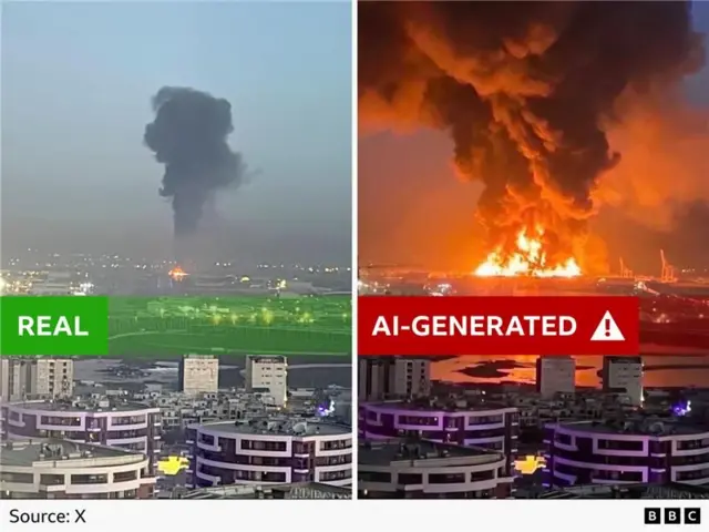 The real image showing a cloud of smoke next to the fake image appearing to show a large explosion 