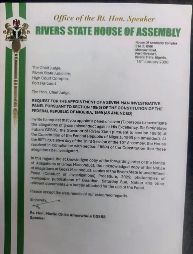 Letter wey Speaker RSHA write to Chief Judge of Rivers State to set up panel of investigation against di Govnor and Deputy Govnor