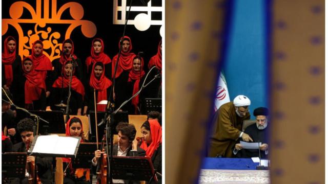 تصویر سمت راست: ابراهیم رئیسی - تصویر سمت چپ: کنسرت موسیقی در ایران