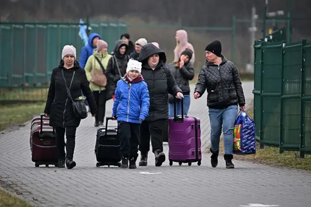 українські біженки з дітьми та валізами перетинають кордон