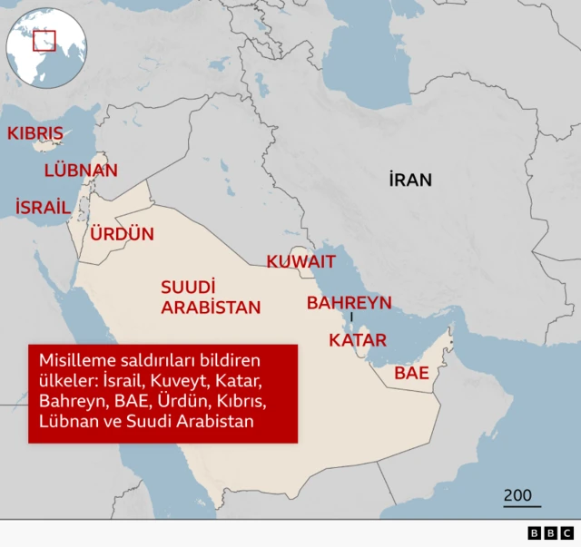 BBC'nin bölgesel haritasında İran beyaz renkle, adı ise siyah renkle vurgulanıyor İran'ın saldırdığı ülkeler kırmızı renkle gösteriliyor: İsrail, Kuveyt, Katar, Bahreyn, Birleşik Arap Emirlikleri, Ürdün, Kıbrıs, Lübnan, Suudi Arabistan. Çevre ülkeler ise gri renkte.
