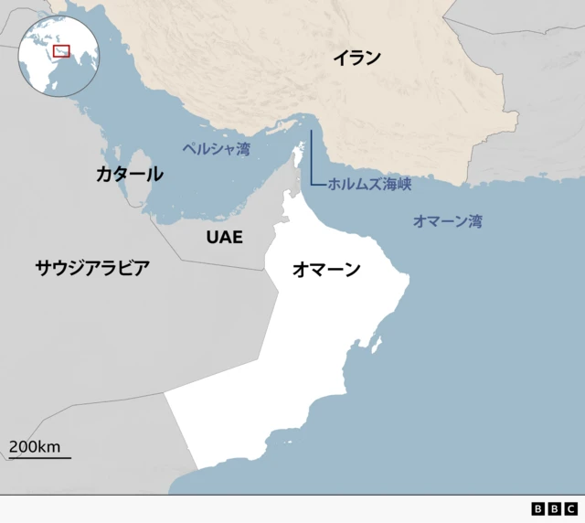 ホルムズ海峡と周辺国オマーン、UAE、サウジアラビア、カタール、イランの地図