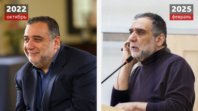 Рубен Варданян в 2022 году (слева) и на заседании военного суда в Баку в феврале 2025 года