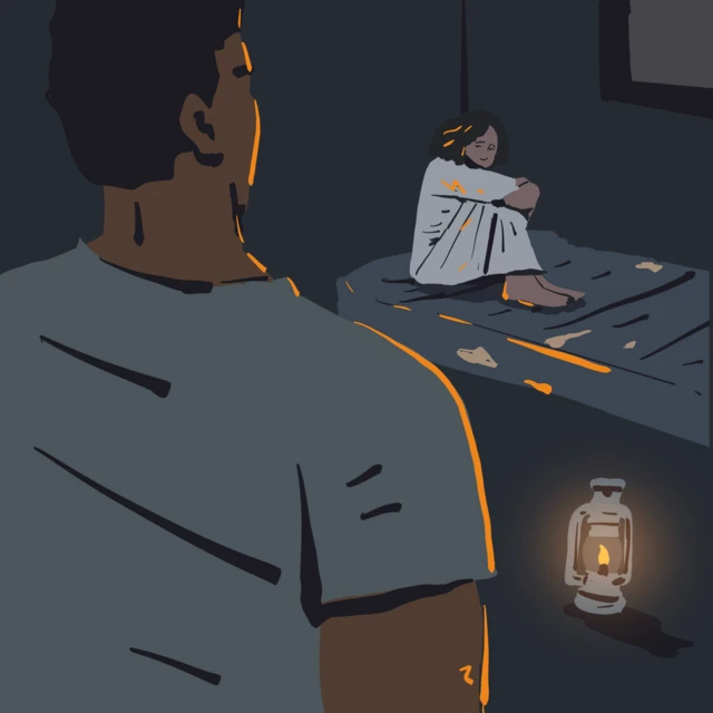 ፀጋ በተደጋጋሚ ስትደፈርበት የነበረው ክፍል ውስጥ ተኮራምታ ተቀምጣ፤ ግዙፍ ሰውነት ያለው ጠላፊው ቆሞ ሲመለከታት የሚያሳይ ስዕል