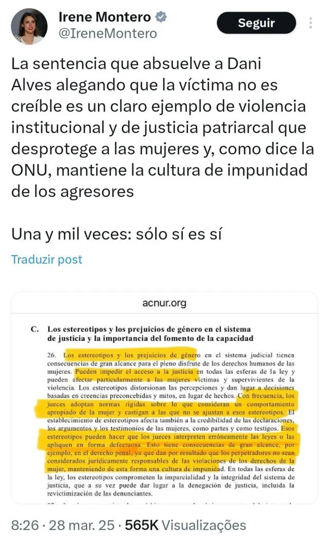 Captura de tela mostra a postagem da ex-ministra da Igualdade da Espanha, Irene Montero, no X