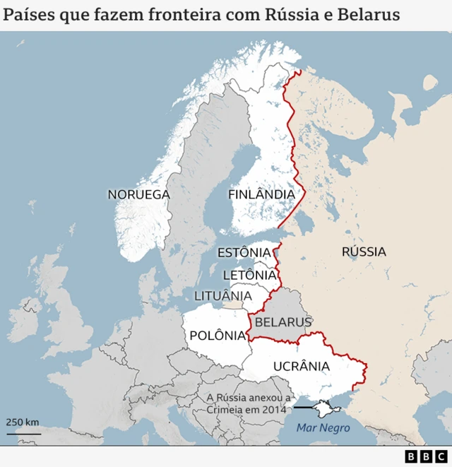 Um mapa mostrando os países que fazem fronteira com Rússia e Belarus, como Finlândia, Estônia e Polônia