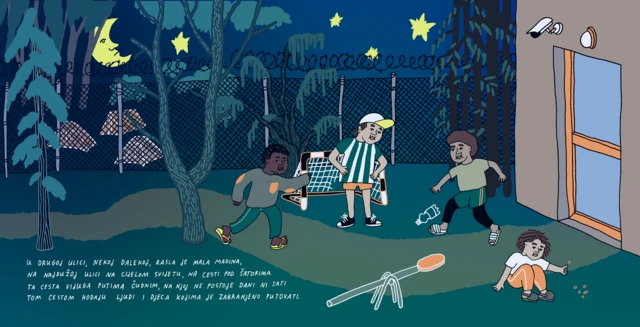 Deo slikovnice na kojoj Madina sedi u dvorištu migrantskog centra i bere cveće, dok ostala deca igraju fudbal