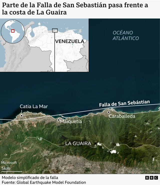 Mapa de la Guaira con la falla de San Sebastián.