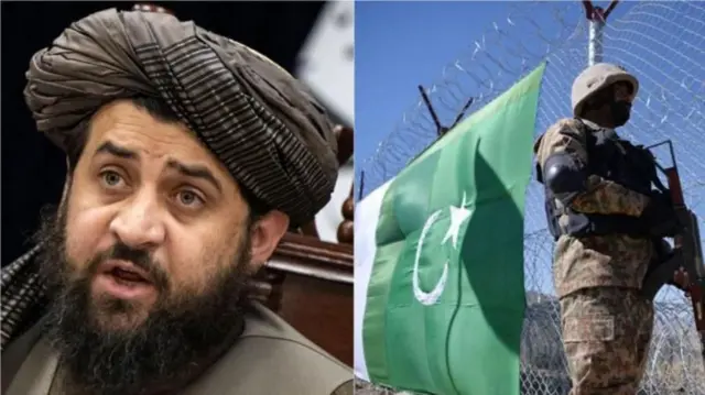 د طالبانو د دفاع وزیر انځور او بلې خوا ته د یوه سرتېري انّځور دی