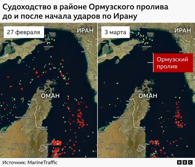 Карта, на которой показан морской трафик в Ормузском проливе 27 февраля и 3 марта