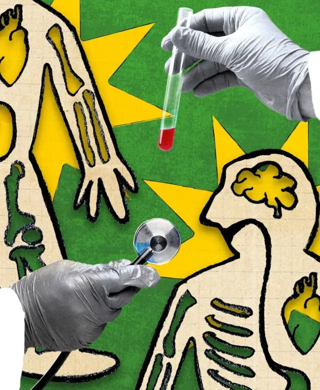 Une main gantée tient un tube à prélèvement sanguin, symbolisant un test de diagnostic. Une autre main gantée tient un stéthoscope, représentant un examen physique.