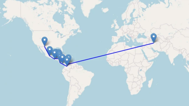 نقشه مسیر مهاجرت یک فرد از تهران تا رسیدن به مکزیک و مرز آمریکا
