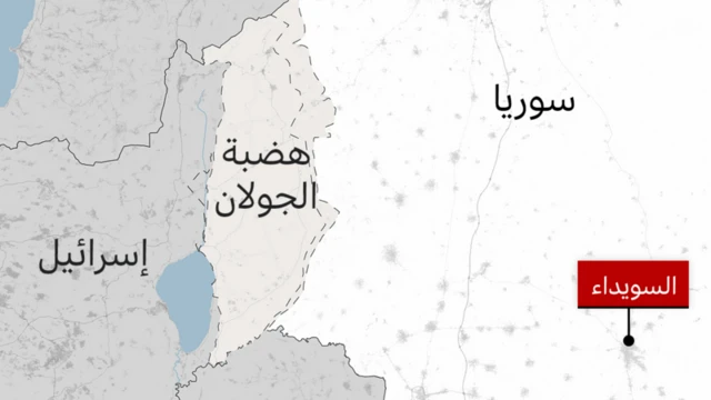 خريطة تظهر موقع السويداء في سوريا، وبالنسبة لهضبة الجولان، وإسرائيل. لون الخريطة بتدرجات الأبيض والرمادي والكتابة باللون الأسود، باستثناء كلمة السويداء باللون الأبيض ومظللة بالأحمر.