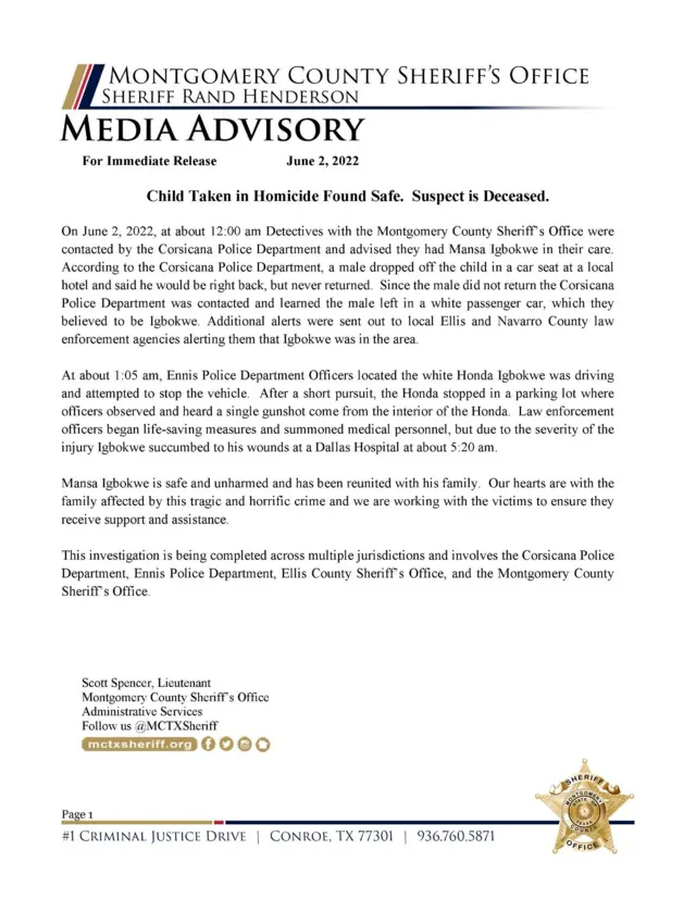 Press statement from Montgomery County Sheriff’s Office for Texas