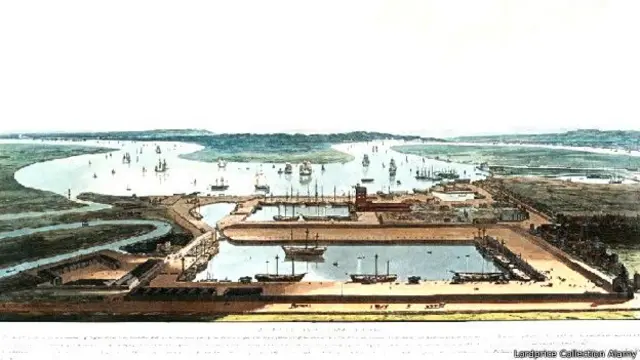 1808ની સાલમાં લંડનના 'ઈસ્ટ ઈન્ડિયા ડોક્સ'નું ચિત્ર