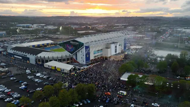 Thousands of fans outside Leeds United's Elland Road after the side secured promotion back to the Premier League on Easter Monday.