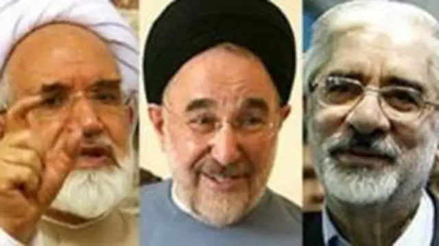 از راست میرحسین موسوی، محمد خاتمی و مهدی کروبی