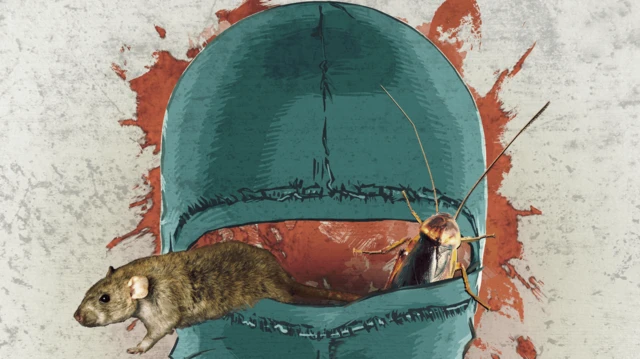 رسم توضيحي لرأس مغطى بقناع أخضر، يخرج منه فأر وصرصور