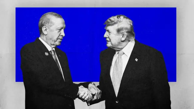 İllüstrasyon: Erdoğan ve Trump el sıkışıyor, arka plan lacivert
