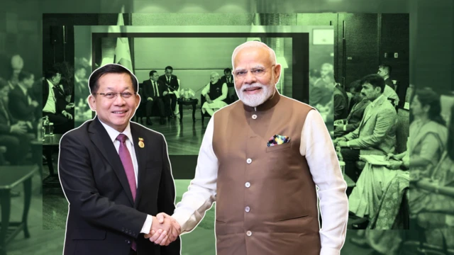 ၂၀၂၅ သြဂုတ်က ဘန်ကောက်မြို့က ဘင်းမ်စတက်ဆွေးနွေးပွဲမှာတွေ့ရတဲ့ ဦးမင်းအောင်လှိုင်နဲ့ အိန္ဒိယဝန်ကြီးချုပ်မိုဒီတို့ သရုပ်ဖော်ပုံ