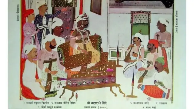 शिंदेशाही इतिहासाची साधने या पुस्तकाच्या सुरुवातीला देण्यात आलेलं महादजी शिंदेंच्या खासगी दरबाराचं चित्र

