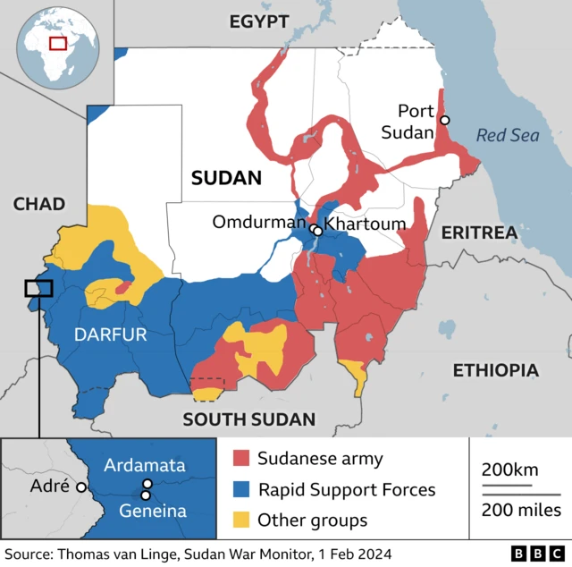 Map show locations of Khartoum, Omdurman, Port Sudan and Ardamata and Geneina for Darfur, as well as areas of control of Sudan army and RSF.