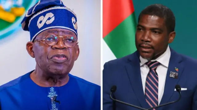 Collage of Nigeria President Bola Tinubu and St Kitts and Nevile Prime Minister Terrance Drew. Tinubu wear one blue attire wit one blue and white cap. Drew wear blue suit wit pink and blue tie strip.