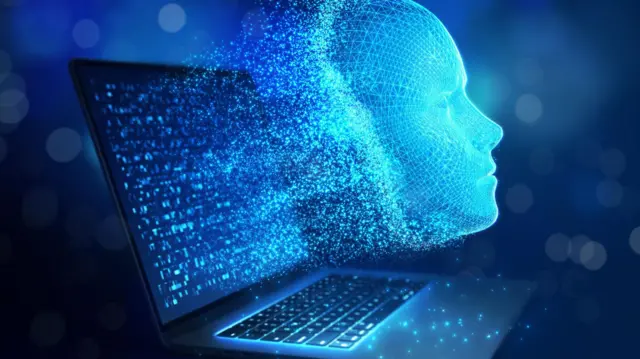 imagen que ilustra desocntrol, los datos saliendo de un computador y tomando vida propia en forma de cabeza humana