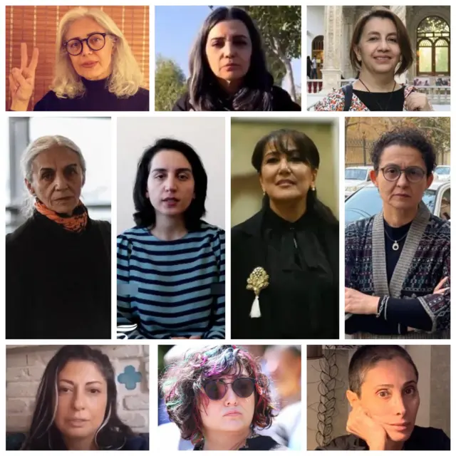 از بالا سمت راست: مژگان ایلانلو، الهام پاوه‌نژاد، شراره دولت‌آبادی، سحر مصیبی، پانته‌آ بهرام، آبان عسگری، مریم بوبانی، سحر زکریا، باران کوثری و کتانه افشاری‌نژاد